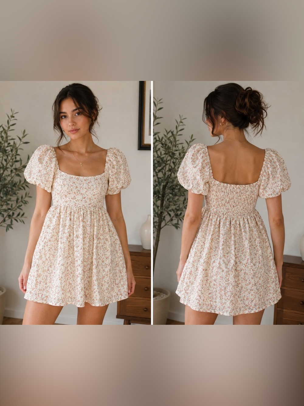 ARULA Cream Floral Square-Neck Puff-Sleeve Mini Dress